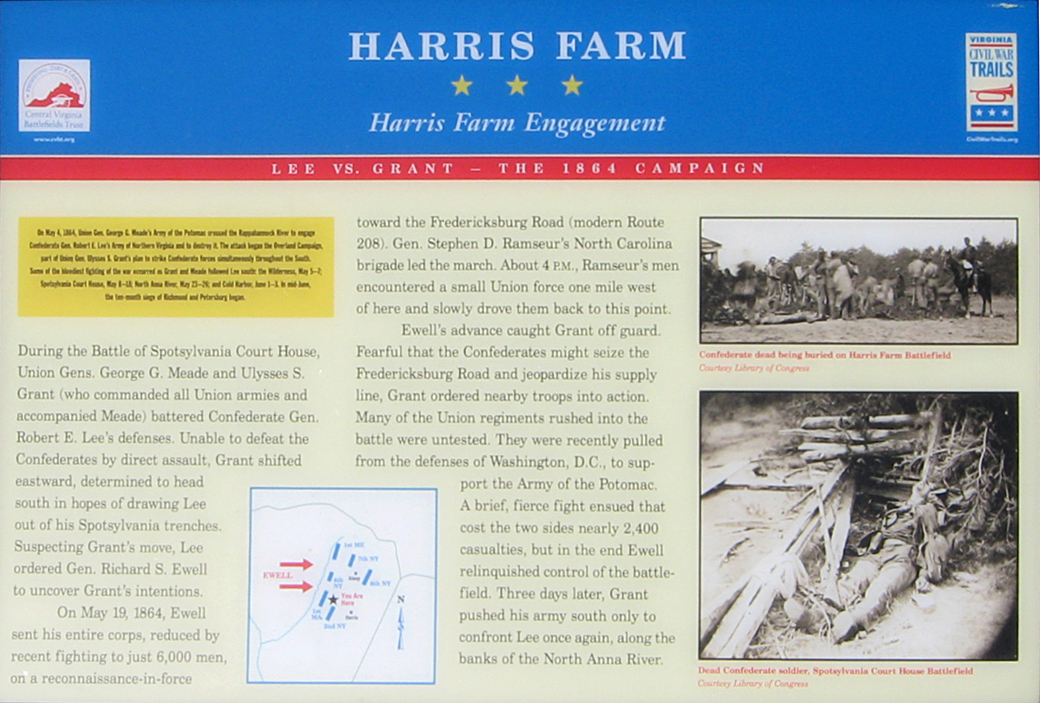 Harris Farm Engagement wayside marker on the Harris Farm battlefield near Frederiskcburg, Virginia