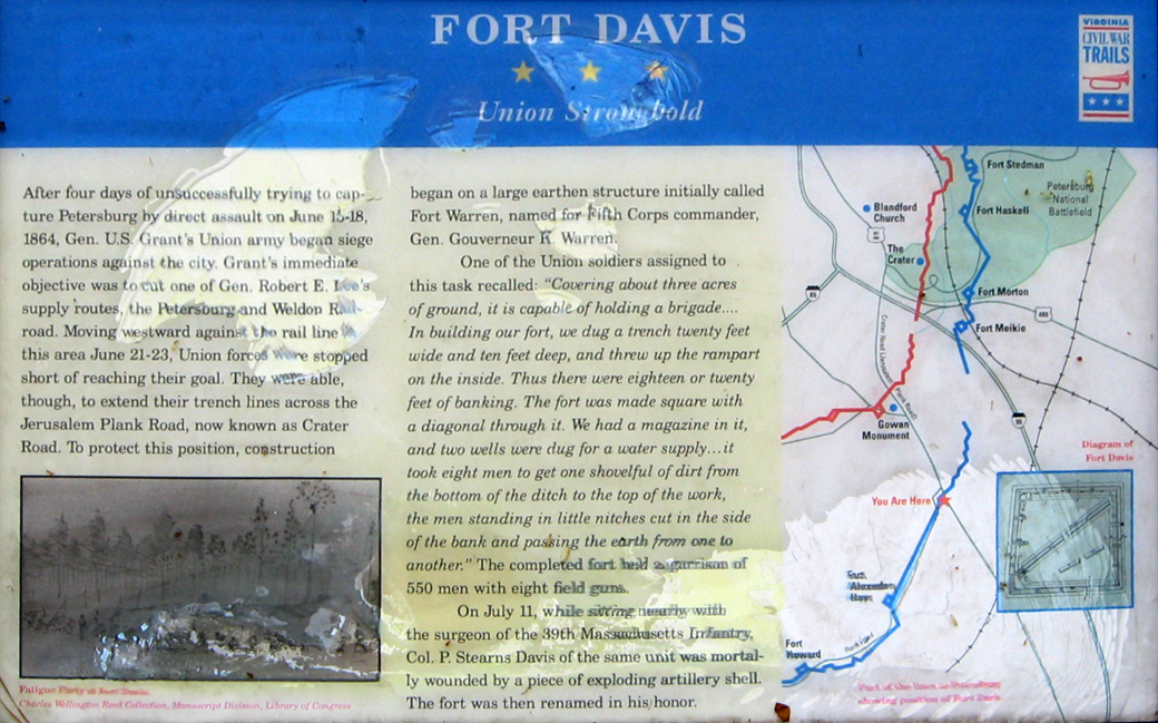 The Fort Davis wayside marker near Petersburg, Virginia