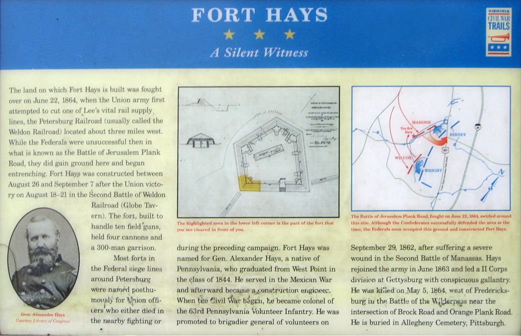 The Fort Hays wayside marker is south of Petersburg, Virginia